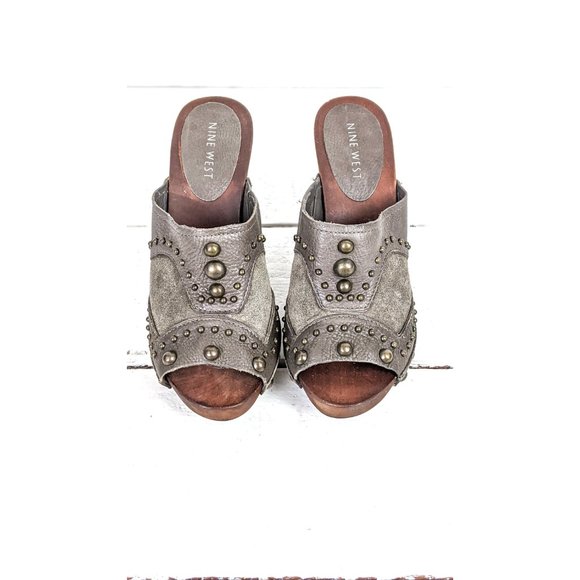 Nine West suede leather high heel wooden platform studded peep toe clog mules 6 - Picture 2 of 7
